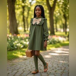 Adorable little girls olive Green Dress with Bow 🌸